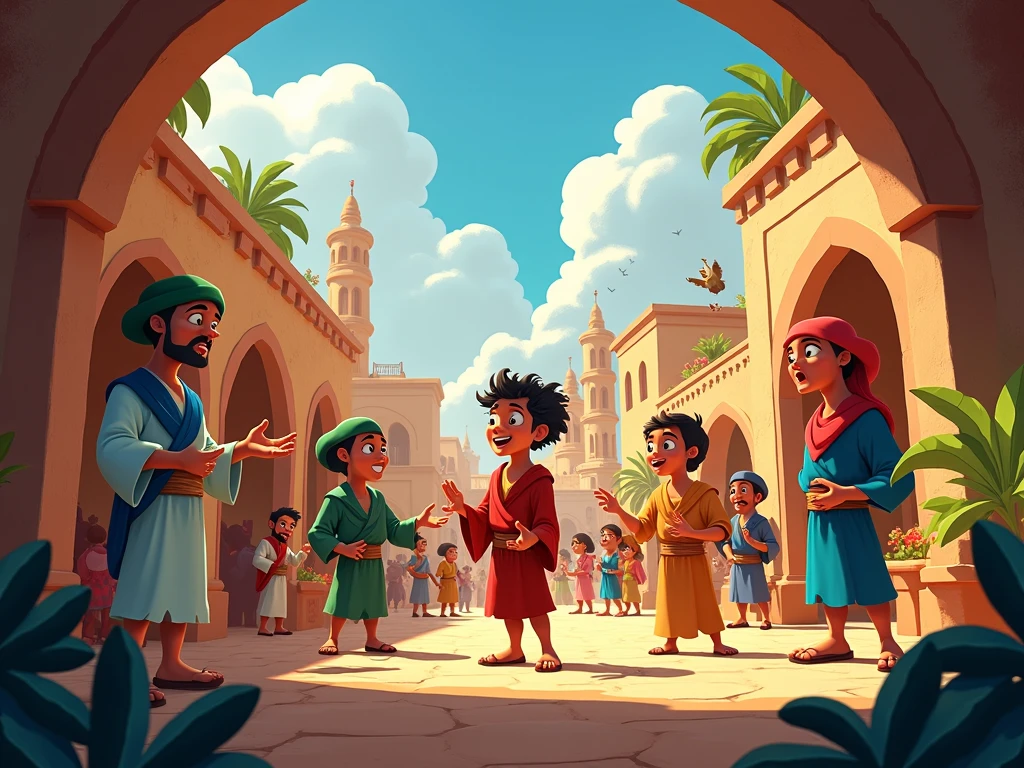 nimated-style depictions of the baby Ali Baba story