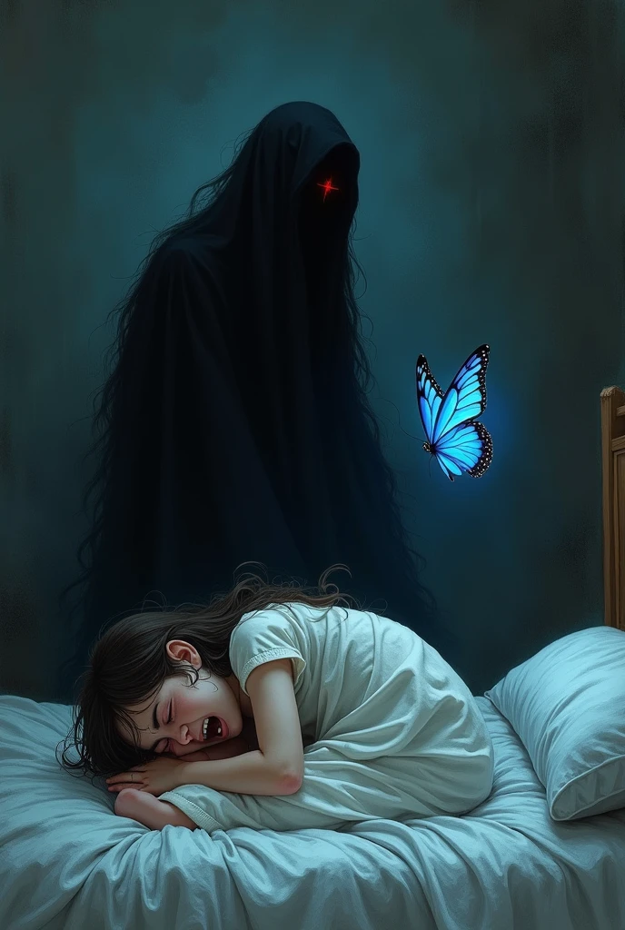 Make a dreamy mysterious horror style image symbolizing anxiety and hope, symbols of life and death, good and evil, growth and decay, childish