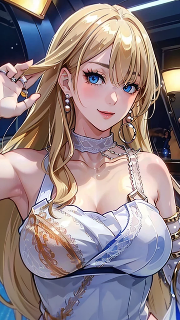 A masterpiece of the highest order, ultra high precision, ultra high image quality, 8K quality, realistic anime style, a woman, a perfect woman with the best anatomical and ergonomic face and body, a well-proportioned face and body, (((Long hair:1.3))), (((shiny Blonde hair:1.2))), (((long bangs:1.2))), (((Blue colored highlights hair))), a slim face, ((narrow deep clear Blue eyes:1.2)), (((deep glossy and shining eyes))), (((eyes with highlights))), (((very long eyelashes))), thin red lips, a tall and slender body, (very large and heavy breasts:1.4), tight waist, large hips, white skin, moist and lustrous skin, (((Sexy Orange dress))), (((slit Lace Dress:1.2))), (((large earrings))), (((Pearl necklaces:1.2))), (((bangles, rings))), (((beautiful smile))), mysterious atmosphere, great presence, ((upper body, sexy pose))
