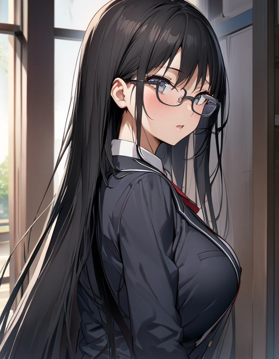 masterpiece,  best quality:1.2)、((( Female College Student、 black hair、very long hair、 slender、(((Glasses)))、黒いschool uniform, 黒のmiddle breast, blazer, ))、 upper body、back shot、back view、