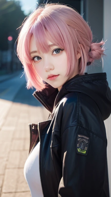 Anime girl with pink hair, blue eyes, wearing a black jacket, an anime drawing by Kamagurka, Pixar, realism, Cute anime girl portraits, anime style image, Cute anime girl portrait, anime girl portrait, anime art style, high quality anime art, anime style character, anime girl girl, beautiful anime art style, Cute anime girl