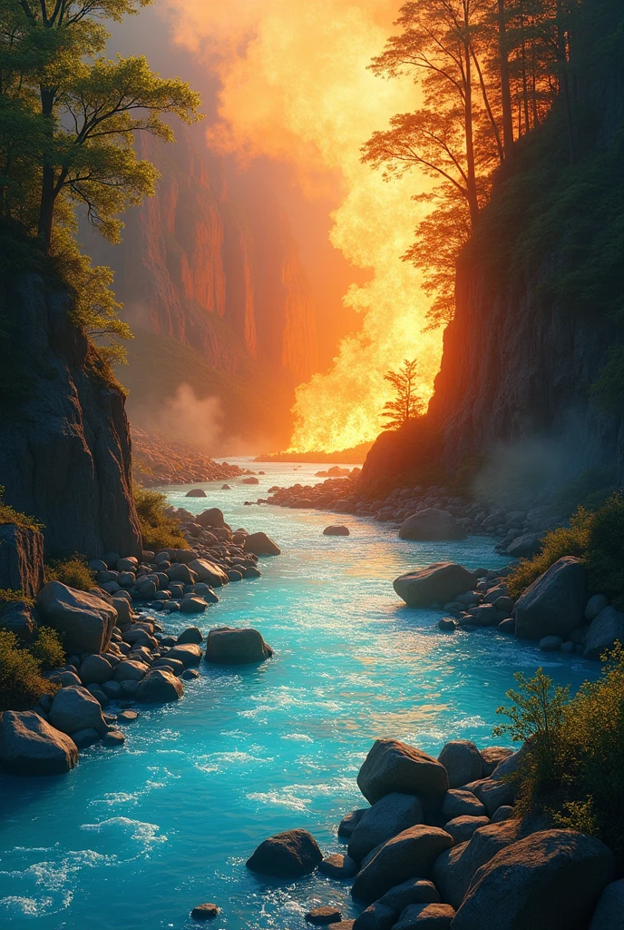 National Geographic style picture, Award winning,(best detailed: 1.5), an picture of an epic sized waterfall in the volcano at midday , an (epic sized waterfall: 1.3), water coming down from a volcanic cliff, multi level water falls, several pools created in different levels, forming new waterfalls, water cascading into a (large lava pool: 1.3) steam rising, clear water in many hues of blue and azure falling, hitting a pool of lava in colors of orange and red, boiling lava, you can see the water hitting the pool and (steam of fog rising from the pool: 1.2) , drops of water splashing around, volcanic cliff background, a long shot, photorealistic, 16k, RAW, award winning, (best detailed: 1.5), masterpiece, best quality, (best detailed: 1.3), full body, ultra wide shot