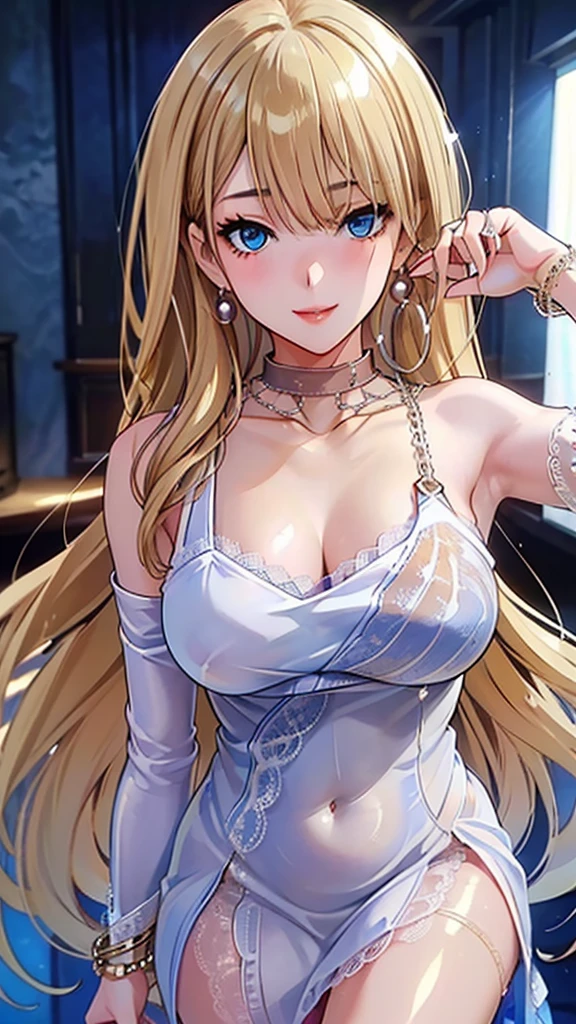 A masterpiece of the highest order, ultra high precision, ultra high image quality, 8K quality, realistic anime style, a woman, a perfect woman with the best anatomical and ergonomic face and body, a well-proportioned face and body, (((Long hair:1.3))), (((shiny Blonde hair:1.2))), (((long bangs:1.2))), (((Blue colored highlights hair:1.2))), a slim face, ((narrow deep clear Blue eyes:1.2)), (((deep glossy and shining eyes))), (((eyes with highlights))), (((very long eyelashes))), thin red lips, a tall and slender body, (very large and heavy breasts:1.4), tight waist, large hips, white skin, moist and lustrous skin, (((Sexy Orange dress))), (((slit Lace Dress:1.2))), (((large earrings))), (((Pearl necklaces:1.2))), (((bangles, rings))), (((beautiful smile))), mysterious atmosphere, great presence, ((upper body, sexy pose))
