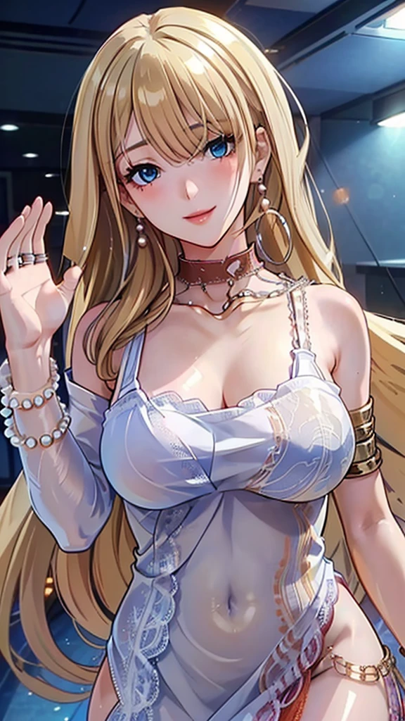 A masterpiece of the highest order, ultra high precision, ultra high image quality, 8K quality, realistic anime style, a woman, a perfect woman with the best anatomical and ergonomic face and body, a well-proportioned face and body, (((Long hair:1.3))), (((Blue colored highlights hair:1.2))), (((shiny Blonde hair:1.2))), (((long bangs:1.2))), a slim face, ((narrow deep clear Blue eyes:1.2)), (((deep glossy and shining eyes))), (((eyes with highlights))), (((very long eyelashes))), thin red lips, a tall and slender body, (very large and heavy breasts:1.4), tight waist, large hips, white skin, moist and lustrous skin, (((Sexy Orange dress))), (((slit Lace Dress:1.2))), (((large earrings))), (((Pearl necklaces:1.2))), (((bangles, rings))), (((beautiful smile))), mysterious atmosphere, great presence, ((upper body, sexy pose))
