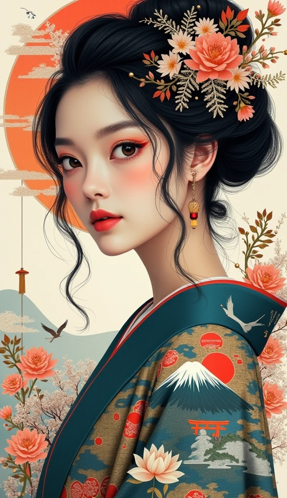 "Create an exquisite and dynamic artistic portrait inspired by the serene yet vibrant cultural essence of Japan, merging hyper-realistic elements with avant-garde graphic design. The woman's face should be intricately detailed, with flawless realism in her expression, yet seamlessly blended with a rich tapestry of Japanese cultural symbols and natural motifs. Use a color palette of muted cherry blossom pinks, deep indigo blues, bamboo greens, and touches of gold to evoke the tranquility of nature, the elegance of Japanese art, and the timelessness of traditional aesthetics.
Incorporate elements from the natural world, such as flowing koi fish, delicate cherry blossoms, or the graceful curve of Mount Fuji, subtly integrated into her hair, the background, and even across her skin. The woman’s features should be defined with exceptional realism, capturing the subtleties of her expression, while surrounding her with a harmonious mix of geometric and organic shapes inspired by Japanese minimalism and Zen gardens.
Enhance the portrait with layered textures representing traditional Japanese art forms—such as the intricate details of ukiyo-e woodblock prints or the soft brushstrokes of sumi-e ink painting—woven into the design. Integrate modern elements like sleek, neon cityscapes to represent Japan’s cutting-edge technology, blending the ancient with the futuristic.
Include iconic symbols like a subtle crane in flight, representing longevity and good fortune, or the iconic Torii gate, blending into the background. Add delicate jewelry inspired by Japanese craftsmanship, such as a simple pearl necklace or a folded paper crane pendant, merging seamlessly into the design.
Create a sense of movement and depth with flowing lines and dynamic compositions, like the swirling patterns of a kimono or the fluid motion of a tea ceremony. The overall tone should exude sophistication, tranquility, and reverence for nature, culture, and tradition, while embracing the innovative,