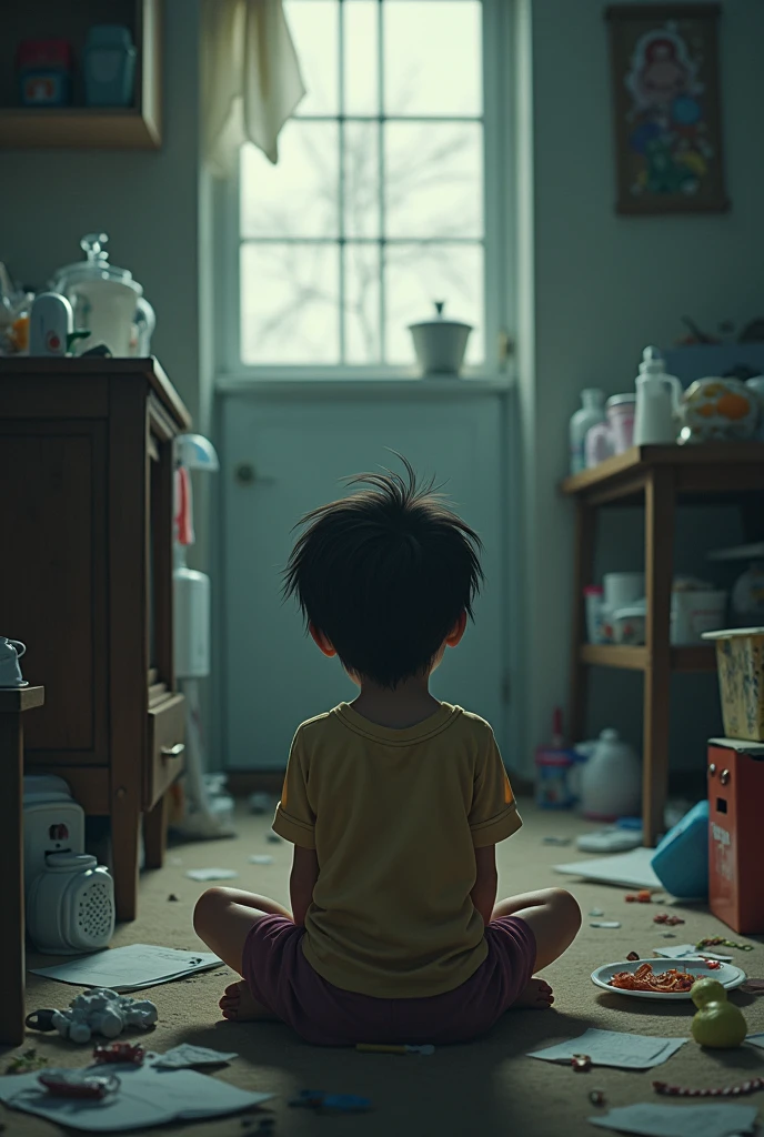 A young boy named Nobita sitting alone in the dark, watching a Doraemon cartoon on TV.