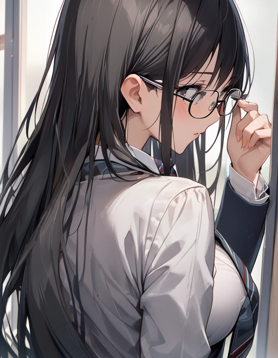 masterpiece,  best quality:1.2)、((( Female College Student、 black hair、very long hair、 slender、(((Glasses)))、黒いschool uniform, 黒のmiddle breast, blazer, ))、 upper body、back shot、back view、back of head