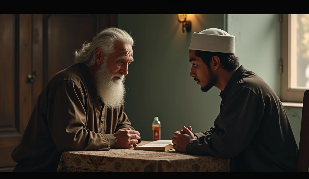 (Islamic horror story title : Shadows in the third part of the night)

Scene 6: Discussion with Ustaz - Setting and Atmosphere : The simple interior of ustaz&#39;s house, with a warm and peaceful atmosphere. Soft lighting and room details that convey warmth and simplicity.
  
- Main Characters : Hassan and ustaz sat facing each other, talk calmly. Focus on the interaction of the two, with a facial expression that reflects peace. (Hasan does not wear a head covering)