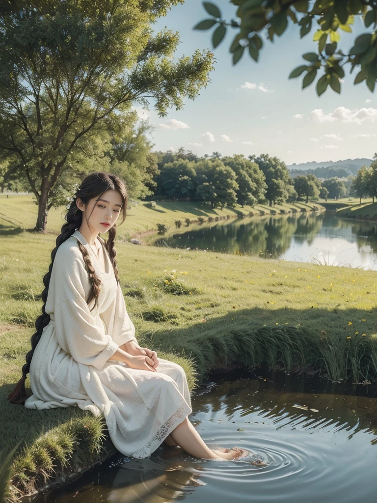 There was a woman sitting on a windowsill by the pond, Palace , A girl in Hanfu, with acient chinese clothes, Inspired by Tang Yifen, inspired by Ma Yuanyu, inspired by Zhang Zeduan, Wearing ancient Chinese clothes, Inspired by Dai Xi, inspired by Zhou Shuxi, inspired by Tang Yin, inspired by Xie Shichen