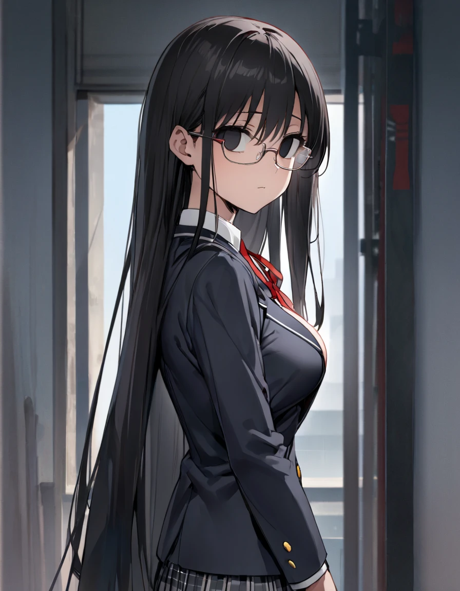 masterpiece,  best quality:1.2)、((( Female College Student、 black hair、very long hair、Black Eyes、empty eyes、 slender、(((Glasses)))、黒いschool uniform, 黒のmiddle breast, blazer,  red ribbon、 skirt、))),（no expression）、 upper body、back shot、back view、 point of view