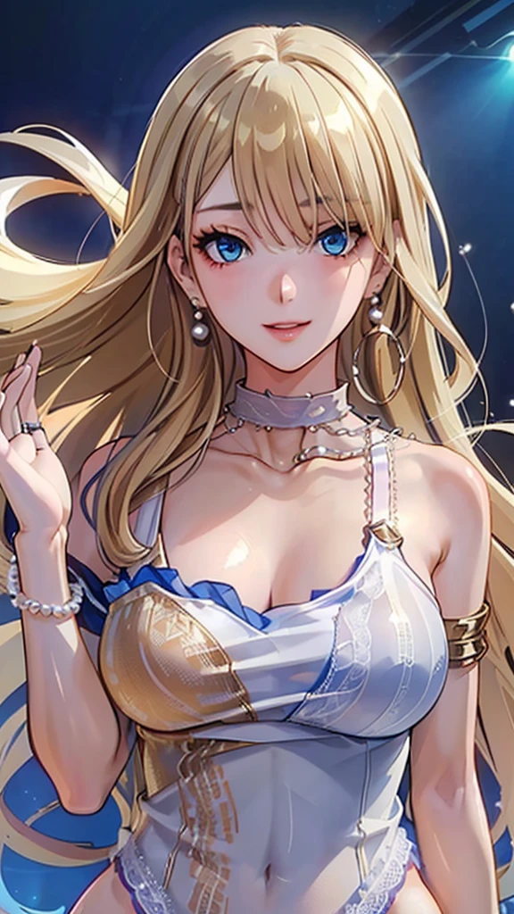 A masterpiece of the highest order, ultra high precision, ultra high image quality, 8K quality, realistic anime style, a woman, a perfect woman with the best anatomical and ergonomic face and body, a well-proportioned face and body, (((Long hair:1.3))), (((Blue colored highlights hair:1.2))), (((shiny Blonde hair:1.2))), (((long bangs:1.2))), a slim face, ((narrow deep clear Blue eyes:1.2)), (((deep glossy and shining eyes))), (((eyes with highlights))), (((very long eyelashes))), thin red lips, a tall and slender body, (very large and heavy breasts:1.4), tight waist, large hips, white skin, moist and lustrous skin, (((Sexy Orange dress))), (((slit Lace Dress:1.2))), (((large earrings))), (((Pearl necklaces:1.2))), (((bangles, rings))), (((beautiful smile))), mysterious atmosphere, great presence, ((upper body, sexy pose))
