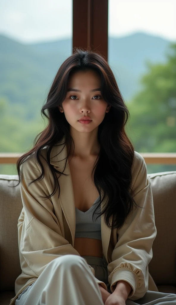 1girl in,Sitting on a cozy sofa,Soft light、Rim Lights、beautiful shadow、lowkey、(Photorealsitic、Raw foto:1.2)、(natural skin textures、realistic eyes and face details)、Hyper-Realism、超A high resolution、4K、top-quality、(cleavage of the breast:0.4)、The whole body is reflected、girl with、Overjacket、barechested、white walls、Leaning against the wall、no-makeup、