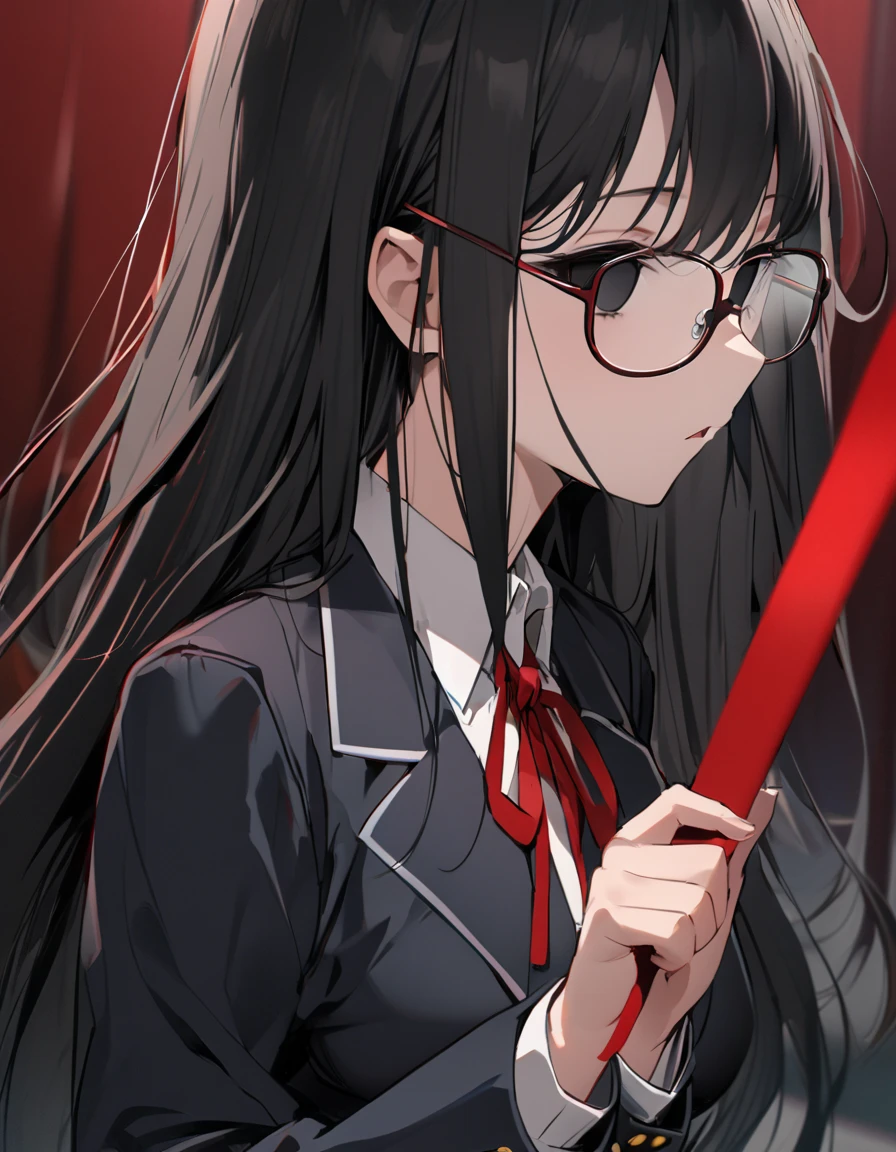 masterpiece,  best quality:1.2)、((( Female College Student、 black hair、very long hair、Black Eyes、empty eyes、 slender、(((Glasses)))、黒いschool uniform, 黒のmiddle breast, blazer,  red ribbon、 skirt、))),（no expression）、 upper body、back shot、back view、 side view、back of head