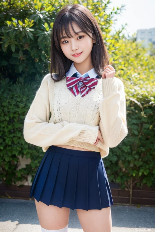 Masterpiece、Raw photography、(((Ultimate Beauty Portrait)))、((glistning skin))、close mouth、no mask、dark brown eye、teen、high school student、15 years old、natural make、short bob、((masterpiece、top-quality、ultra-detailliert、intricate-detail、hight resolution、highly detailed))、Detailed background、8KUHD、Digital SLR、Soft light、high quality 、Shallow depth of field、natural soft light、pink nipples、full body、shy look、flushed cheeks、thin waist、gray sweater, suit、dark gray pleated chool student uniform,white long sleeve shirts with ribbon, lift the skirt、strong wind, hair blowing in the wind,The wind flips her skirt ,(white cotton panties:1.3), shy look ,flushed cheeks