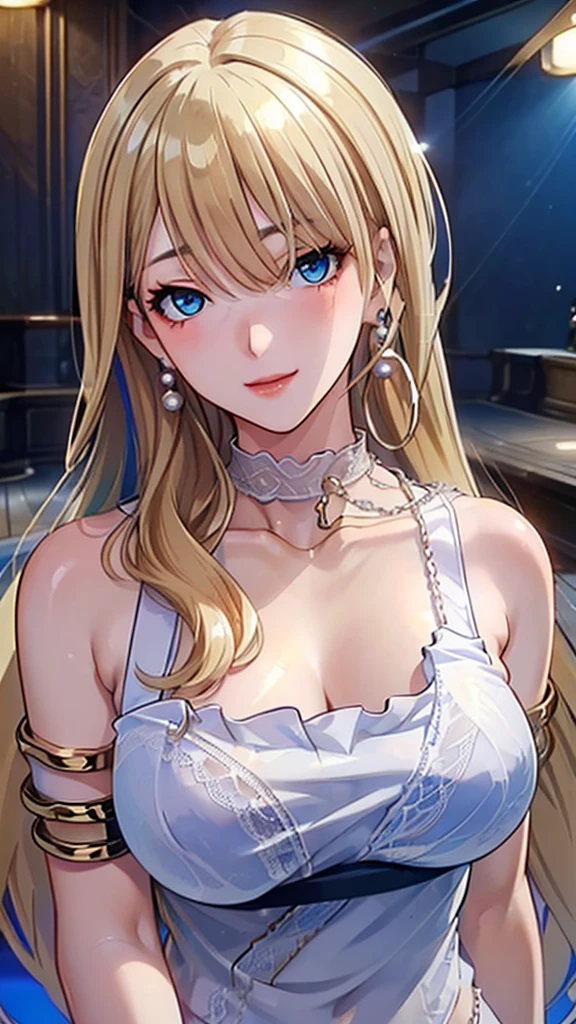 A masterpiece of the highest order, ultra high precision, ultra high image quality, 8K quality, realistic anime style, a woman, a perfect woman with the best anatomical and ergonomic face and body, a well-proportioned face and body, (((Long hair:1.3))), (((Blue colored highlights hair:1.2))), (((shiny Blonde hair:1.2))), (((long bangs:1.2))), a slim face, ((narrow deep clear Blue eyes:1.2)), (((deep glossy and shining eyes))), (((eyes with highlights))), (((very long eyelashes))), thin red lips, a tall and slender body, (very large and heavy breasts:1.4), tight waist, large hips, white skin, moist and lustrous skin, (((Sexy Orange dress))), (((slit Lace Dress:1.2))), (((large earrings))), (((Pearl necklaces:1.2))), (((bangles, rings))), (((beautiful smile))), mysterious atmosphere, great presence, ((upper body, sexy pose))
