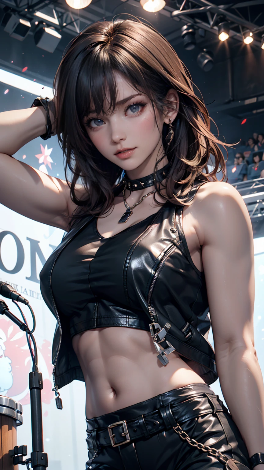 A girl wearing a collar with spikes、24 year old Caucasian female、Sexy proportions、Punk rock fashion、Black Shirt、Leather jacket、Leather leggings、Flashy makeup、long hair、rosary necklace、rosary earrings、Put a spiked bracelet on your wrist、Rock Festival Venues、Go on stage and sing passionately、Lively performances、Colorful spotlight effects