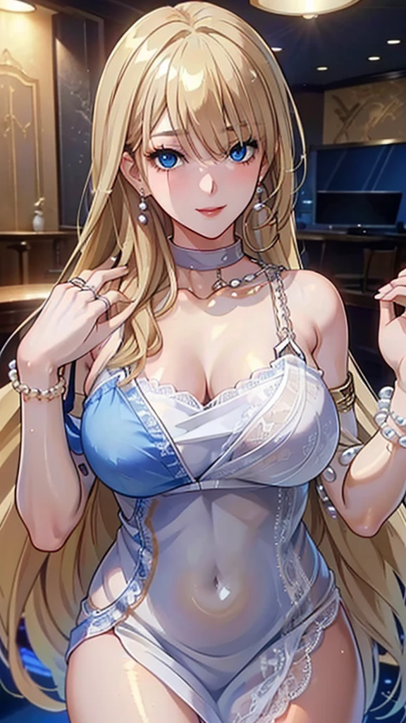 A masterpiece of the highest order, ultra high precision, ultra high image quality, 8K quality, realistic anime style, a woman, a perfect woman with the best anatomical and ergonomic face and body, a well-proportioned face and body, (((Long hair:1.3))), (((Blue colored highlights hair:1.2))), (((shiny Blonde hair:1.2))), (((long bangs:1.2))), a slim face, ((narrow deep clear Blue eyes:1.2)), (((deep glossy and shining eyes))), (((eyes with highlights))), (((very long eyelashes))), thin red lips, a tall and slender body, (very large and heavy breasts:1.4), tight waist, large hips, white skin, moist and lustrous skin, (((Sexy Orange dress))), (((slit Lace Dress:1.2))), (((large earrings))), (((Pearl necklaces:1.2))), (((bangles, rings))), (((beautiful smile))), mysterious atmosphere, great presence, ((upper body, sexy pose))
