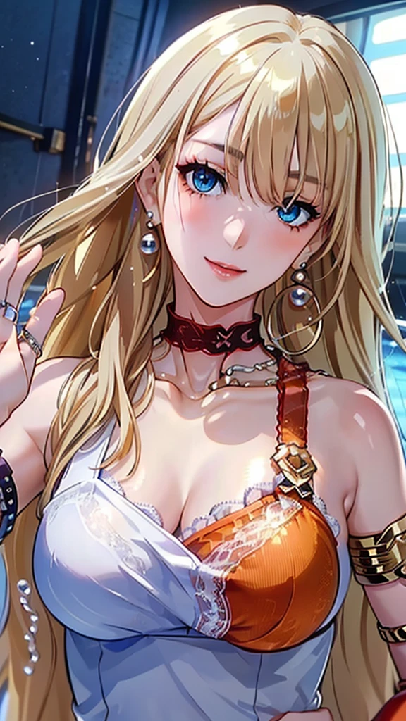 A masterpiece of the highest order, ultra high precision, ultra high image quality, 8K quality, realistic anime style, a woman, a perfect woman with the best anatomical and ergonomic face and body, a well-proportioned face and body, (((Long hair:1.3))), (((Blue colored highlights hair:1.2))), (((shiny Blonde hair:1.2))), (((long bangs:1.2))), a slim face, ((narrow deep clear Blue eyes:1.2)), (((deep glossy and shining eyes))), (((eyes with highlights))), (((very long eyelashes))), thin red lips, a tall and slender body, (very large and heavy breasts:1.4), tight waist, large hips, white skin, moist and lustrous skin, (((Sexy Orange dress))), (((slit Lace Dress:1.2))), (((large earrings))), (((Pearl necklaces:1.2))), (((bangles, rings))), (((beautiful smile))), mysterious atmosphere, great presence, ((upper body, sexy pose))
