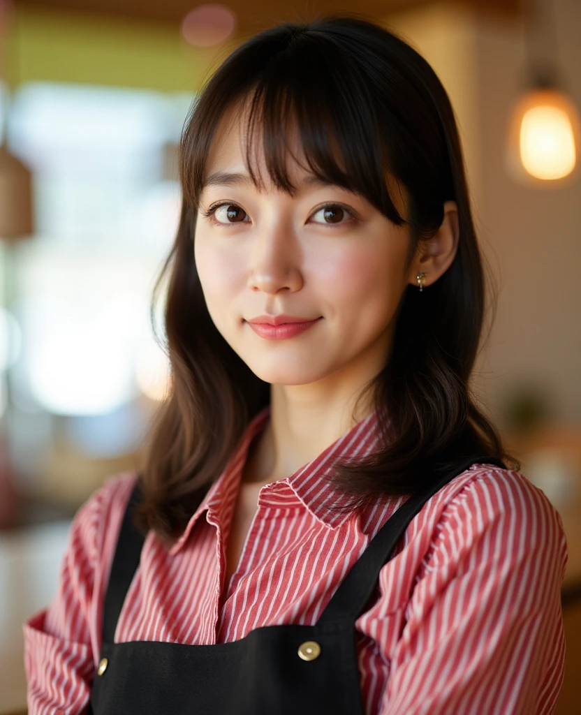 ultra high resolution photograph of a 20 years old Japanese woman, hyper realistic, photo realistic, masterpiece, best quality, absurdres, 32k, RAW photo, intricate details, extremely detailed, beautiful lighting, perfect lightning, realistic shadows, perfect anatomy, perfect figure, perfect style, perfect balance, perfect hand, extremely delicate and beautiful, super beauty, super detailed skin, very slim body, narrow waist, very small head, very small face, delicate facial features, very detailed eyes and face, realistic face proportions, realistic beautiful face, realistic beautiful eyes, medium length hair, upper body shot, waitress-uniform, bare legs, bare feet, indoors,