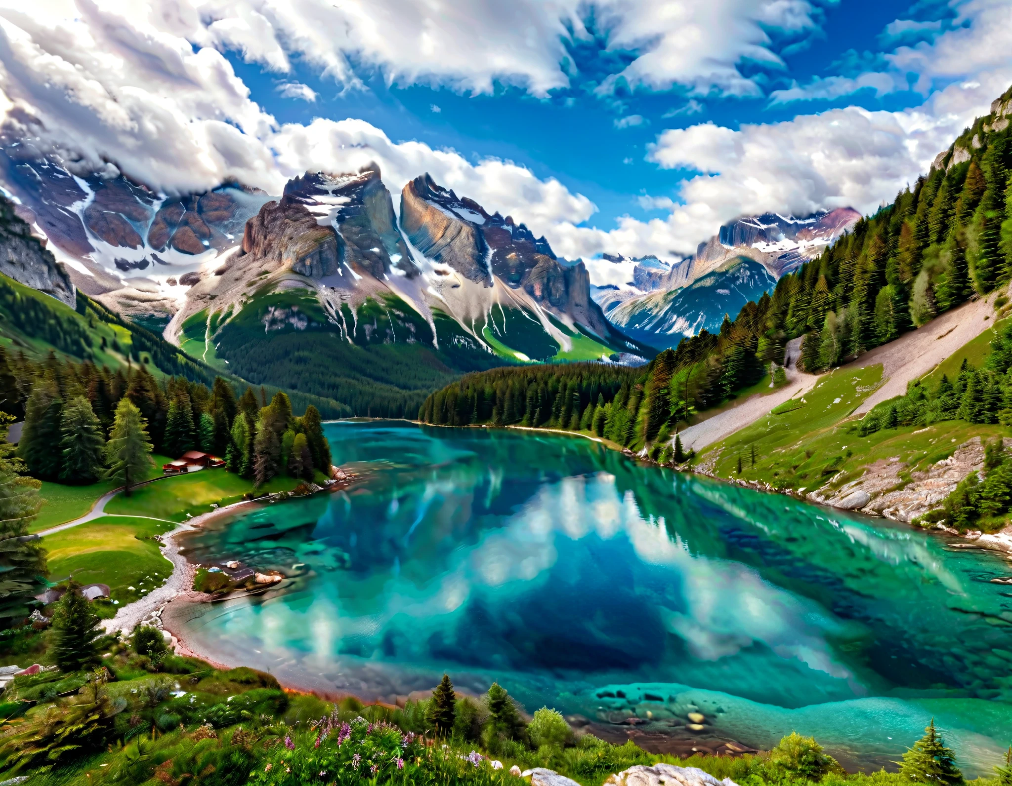 a breathtakingly beautiful mountainscape, majestic snow-capped peaks reaching up towards the heavens, glittering in the warm sunlight, lush evergreen forests covering the rolling hillsides, serene alpine lakes reflecting the dramatic scenery, wispy clouds drifting across a vibrant azure sky, (best quality,4k,8k,highres,masterpiece:1.2),ultra-detailed,(realistic,photorealistic,photo-realistic:1.37),cinematic lighting,dramatic contrasts,vivid colors,stunning landscape,epic scale,awe-inspiring natural beauty