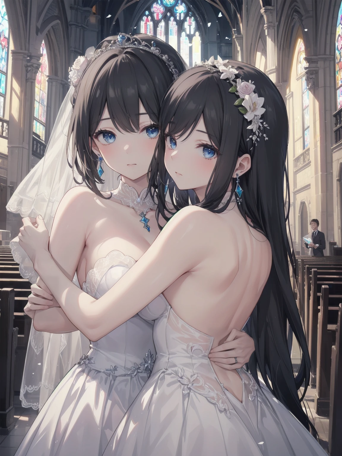 holding a bouquet、Are standing、Upper Body, Realistic, real person, (pale skin: 1.2), RAW photo, photorealistic, portrait photography, shiny skin, shiny hair、(25 year old woman with long hair with bangs) and (wavy hair) and (black hair with red highlights) and (red eyes), (white) and (Wedding dress、Veil)、smile, open moth, The background is a church、Alone、