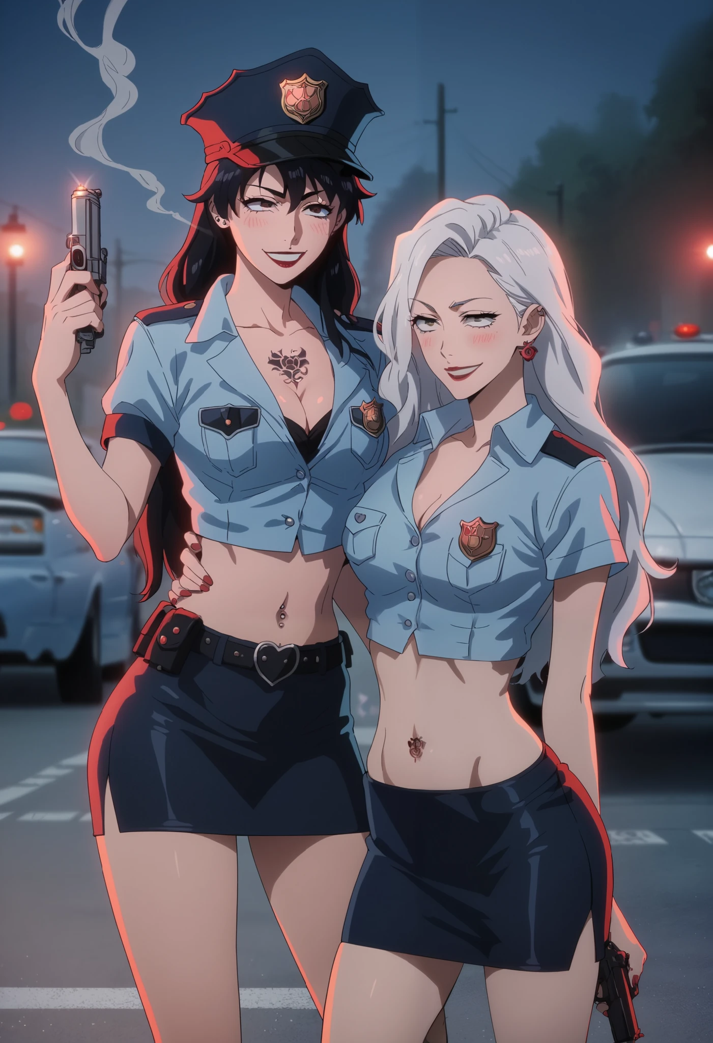 2girl, two girls, anime girls, ear piercing, long hair, blush, lipstick,Hot girl, baddie, smoking, sensual, attractive ,masterpiece, best quality, highly detailed, a anime girl in police uniforms , police outfit, military outfit,
open mouth, cleavage, evil smile, smile, ecchi anime style, anime girl, digital anime art!!, in anime
style, (nsfw) not safe for work, official artwork, , beautiful anime girl, anime style 4 k, micro pencil
skirt, pencil skirt, micro skirt, exposed
belly, exposed navel, exposed midriff, exposed lower belly, holding a gun, holding pistol,next to police
car,outdoor,street,road, police car, navel piercing, tattoo, tattoo midriff, rose tattoo,