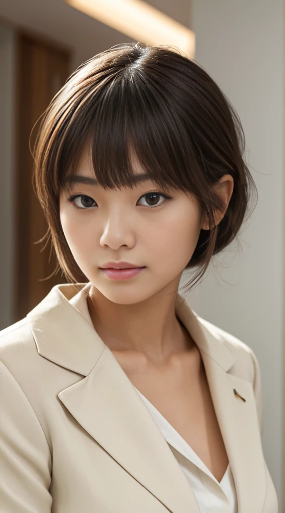 A photorealistic portrait of a young Japanese woman with smooth, naturally textured skin and soft, understated makeup. She has slightly wavy, medium-length dark brown hair with straight bangs gently framing her face. Her expression is calm and reflective, with large, almond-shaped eyes and a soft, natural gaze. She is wearing a professional black suit paired with a crisp white shirt, conveying a fresh and polished appearance suitable for a new employee. Her facial features, including a slightly rounded face and delicate nose, exude warmth and approachability. The background is softly lit with subtle, neutral tones, creating a professional and welcoming atmosphere. Lighting highlights the natural contours of her face and enhances the authentic and approachable look of someone beginning a new chapter in her career.