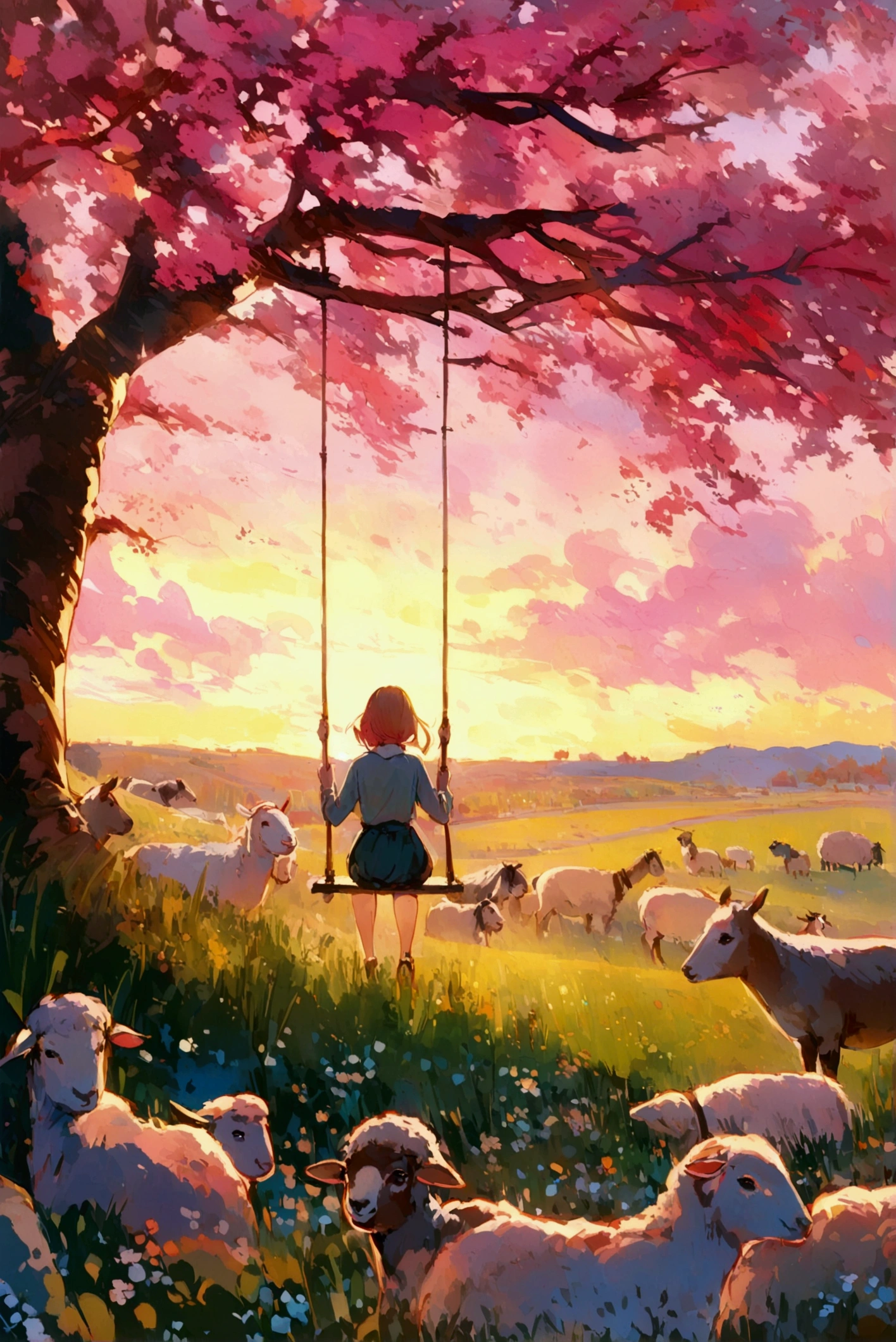  Girl riding a swing on a hill from behind、 Pasture spreads out as far as the eye can see 、Singing background 、 Sunset over a pink sky 、 Golden Hour 、 There are sheep and donkeys 、Oil painting