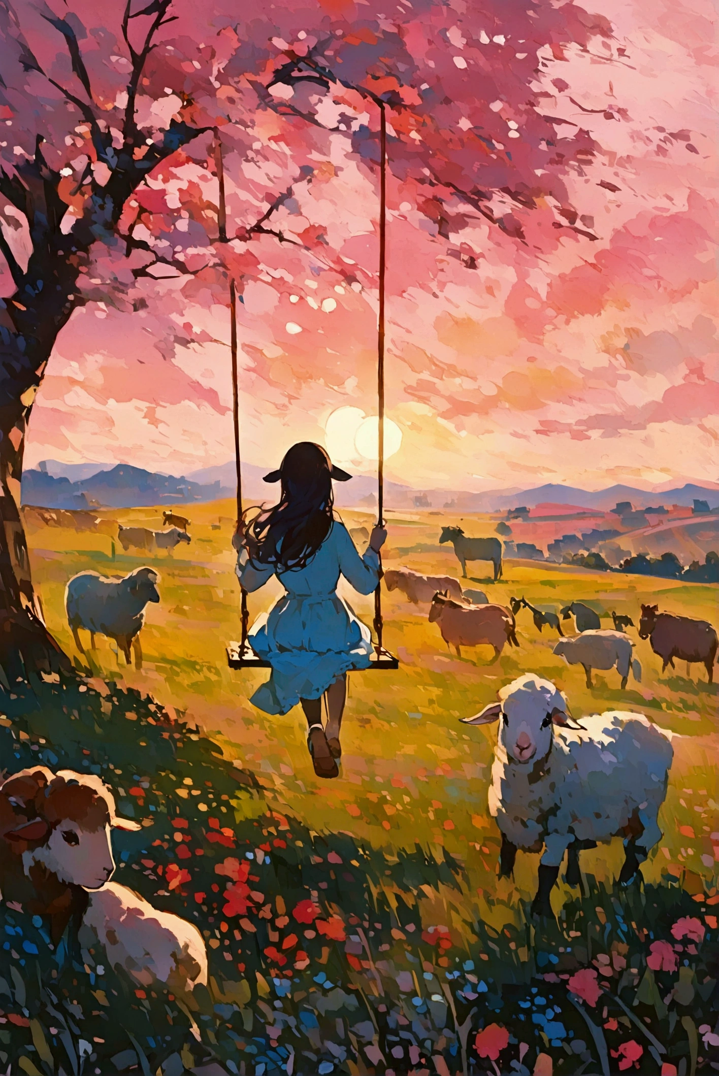  Girl riding a swing on a hill from behind、 Pasture spreads out as far as the eye can see 、Singing background 、 Sunset over a pink sky 、 Golden Hour 、 There are sheep and donkeys 、Oil painting