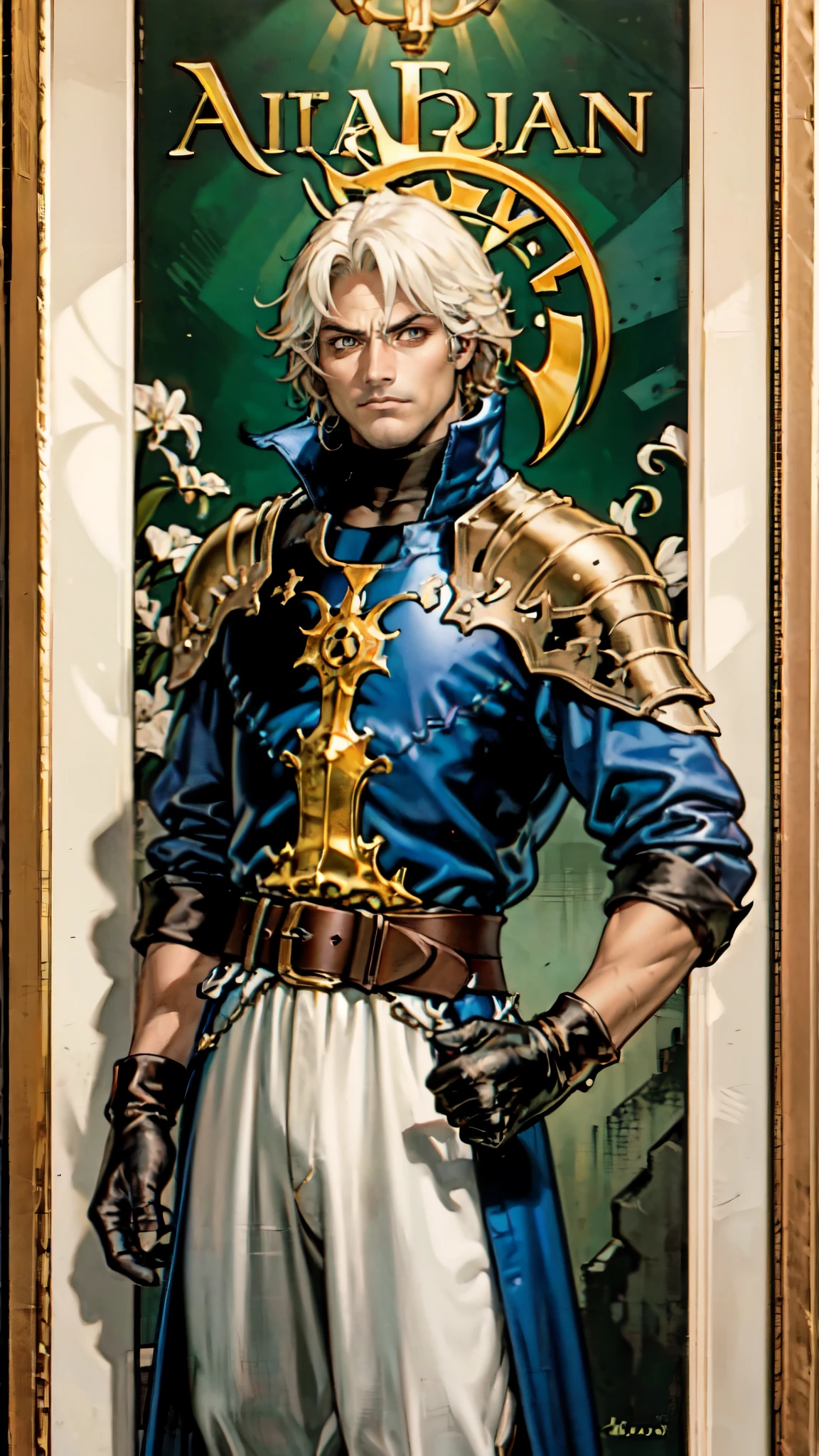 (masterpiece:1.2, best quality:1.2, extremely delicate:1.2), ((male:1.5)), a middle-aged man with short tousled golden hair, deep-set eyes, sharply defined features, serious expression, luxurious yellow-and-white fantasy-style composite silk satin top, silk ribbon cape around the upper body, small metallic shoulder pads, fabric gloves, a belt adorned with metallic gear decorations, dark hem, white fabric trousers, strolling in a medieval fantasy-style city, this character embodies a finely crafted fantasy-style nobleman in anime style, exquisite and mature manga art style, dramatic, high definition, highres, ultra-detailed, ultra-fine painting, professional, perfect body proportions, golden ratio, anatomically correct, symmetrical face, extremely detailed eyes and face, high quality eyes, creativity, RAW photo, UHD, 32k, Natural light, cinematic lighting, (masterpiece-anatomy-perfect:1.2)