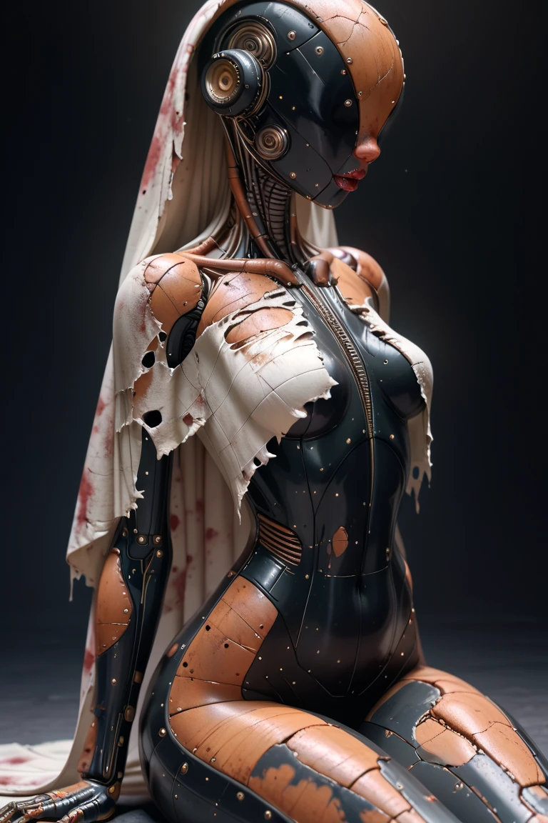 complex 3d render ultra detailed beautiful death angel, biomechanical cyborg, analog 150 mm lens, beautiful natural soft rim light, big leaves and stems, roots, fine foliage lace, colorful details, Boris Bidjan Saberi outfit, pearl earrings, piercing, art nouveau fashion embroidered, intricate details, mesh wire, mandelbrot fractal, facial muscles, cable wires, microchip, badass, hyper realistic, ultra detailed, octane render, volumetric lighting, 8k post-production, red and white with a bit of black, detailled metalic bones, semi human, iridescent colors, Glenn Brown style, white room, power of the god, high-angle shot, complex body poses