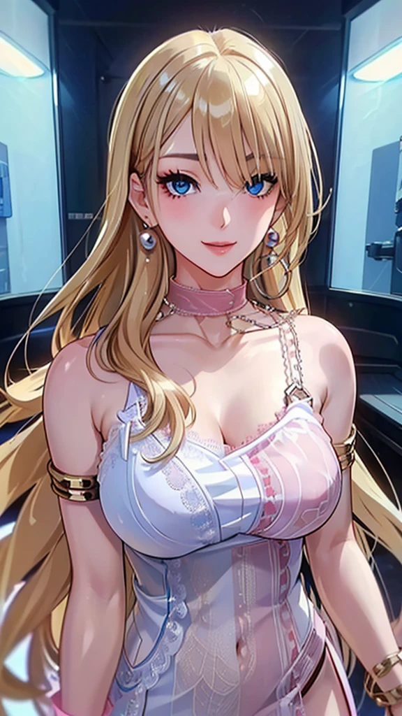 A masterpiece of the highest order, ultra high precision, ultra high image quality, 8K quality, realistic anime style, a woman, a perfect woman with the best anatomical and ergonomic face and body, a well-proportioned face and body, (((Long hair:1.3))), (((Blue colored highlights hair:1.2))), (((shiny Blonde hair:1.2))), (((long bangs:1.2))), a slim face, ((narrow deep clear Blue eyes:1.2)), (((deep glossy and shining eyes))), (((eyes with highlights))), (((very long eyelashes))), thin red lips, a tall and slender body, (very large and heavy breasts:1.4), tight waist, large hips, white skin, moist and lustrous skin, (((Sexy Pink dress))), (((slit Lace Dress:1.2))), (((large earrings))), (((Pearl necklaces:1.2))), (((bangles, rings))), (((beautiful smile))), mysterious atmosphere, great presence, ((upper body, sexy pose))
