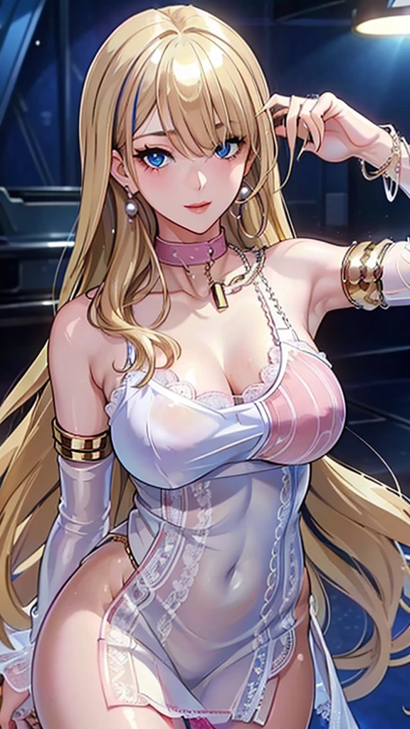 A masterpiece of the highest order, ultra high precision, ultra high image quality, 8K quality, realistic anime style, a woman, a perfect woman with the best anatomical and ergonomic face and body, a well-proportioned face and body, (((Long hair:1.3))), (((Blue colored highlights hair:1.2))), (((shiny Blonde hair:1.2))), (((long bangs:1.2))), a slim face, ((narrow deep clear Blue eyes:1.2)), (((deep glossy and shining eyes))), (((eyes with highlights))), (((very long eyelashes))), thin red lips, a tall and slender body, (very large and heavy breasts:1.4), tight waist, large hips, white skin, moist and lustrous skin, (((Sexy Pink dress))), (((slit Lace Dress:1.2))), (((large earrings))), (((Pearl necklaces:1.2))), (((bangles, rings))), (((beautiful smile))), mysterious atmosphere, great presence, ((upper body, sexy pose))
