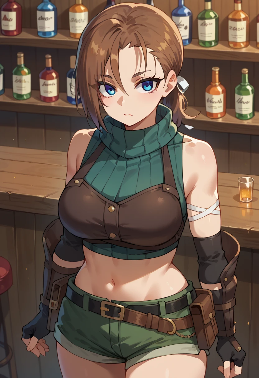 1girl, solo, RhudaRunebeck, long hair, asymmetrical bangs, brown hair, low ponytail, short ponytail, white ribbon, blue eyes, 
turtleneck, sleeveless, ribbed shirt, green shirt, crop top, breastplate, navel, elbow gloves, fingerless gloves, black gloves, arm guards, 
black belt, belt pouch, short shorts, green shorts, 
bar