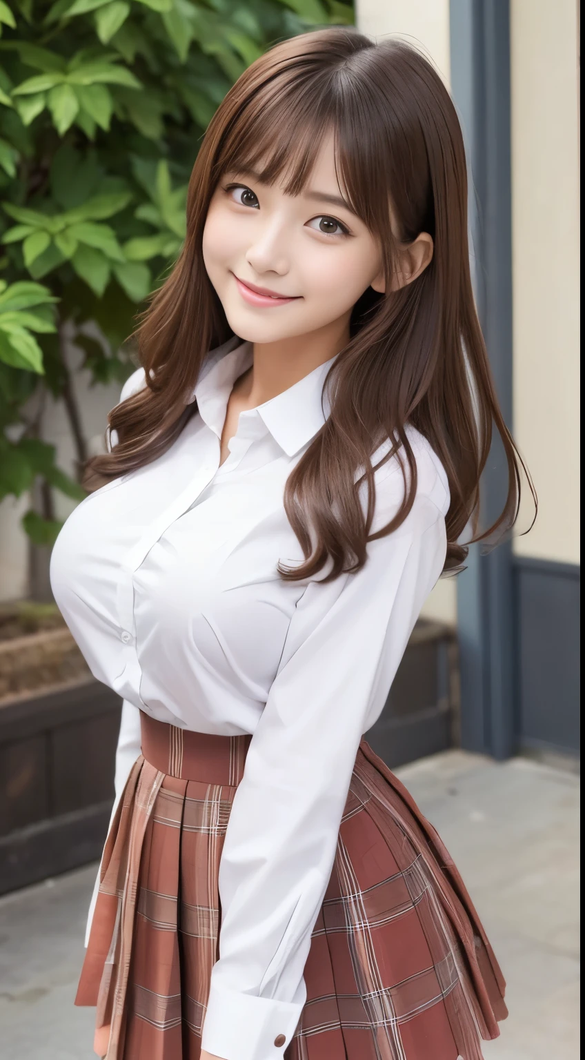  .................,, In front of school、   skirt 、 long-sleeved white shirt 、格子柄 skirt、On, , sakimichan,, So cute and cute ,   , nice smile, sakimichan hdri、Lori、 boobs、Beautiful breasts 、,(Big Breasts:1.20),(:1)、 brown hair、 brown hairの髪、 blue eyes、 Shorthair、Cute pose、 close your mouth