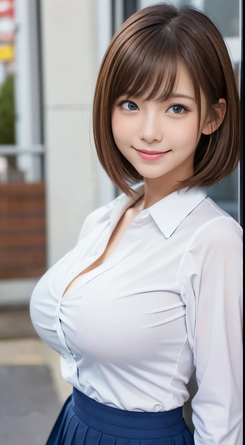  .................,, In front of school、   skirt 、 long-sleeved white shirt 、格子柄 skirt、On, , sakimichan,, So cute and cute ,   , nice smile, sakimichan hdri、Lori、 boobs、Beautiful breasts 、,(Big Breasts:1.20),(:1)、 brown hair、 brown hairの髪、 blue eyes、 Shorthair、Cute pose、 close your mouth