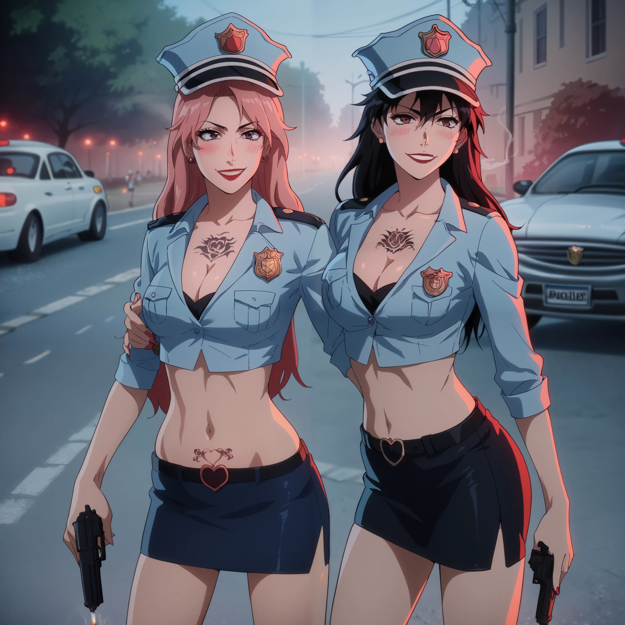 2girl, two girls, anime girls, ear piercing, long hair, blush, lipstick,Hot girl, baddie, smoking, sensual, attractive ,masterpiece, best quality, highly detailed, a anime girl in police uniforms , police outfit, military outfit,
open mouth, cleavage, evil smile, smile, ecchi anime style, anime girl, digital anime art!!, in anime
style, (nsfw) not safe for work, official artwork, , beautiful anime girl, anime style 4 k, micro pencil
skirt, pencil skirt, micro skirt, exposed
belly, exposed navel, exposed midriff, exposed lower belly, holding a gun, holding pistol,next to police
car,outdoor,street,road, police car, tattoo, tattoo midriff, rose tattoo,