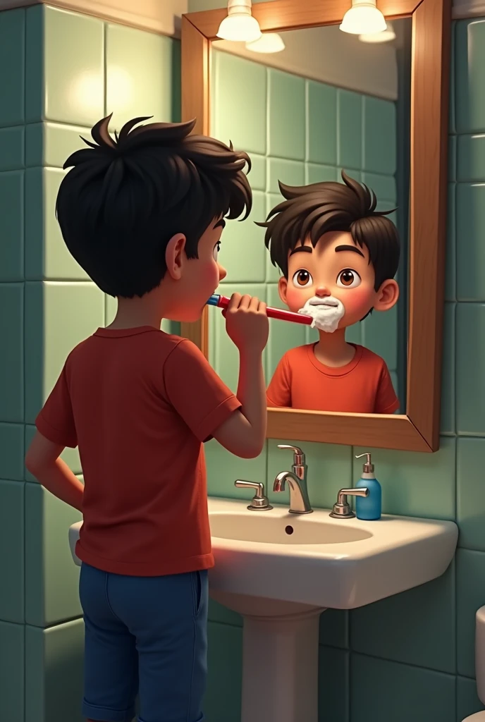 A child is doing brush early in the morning
