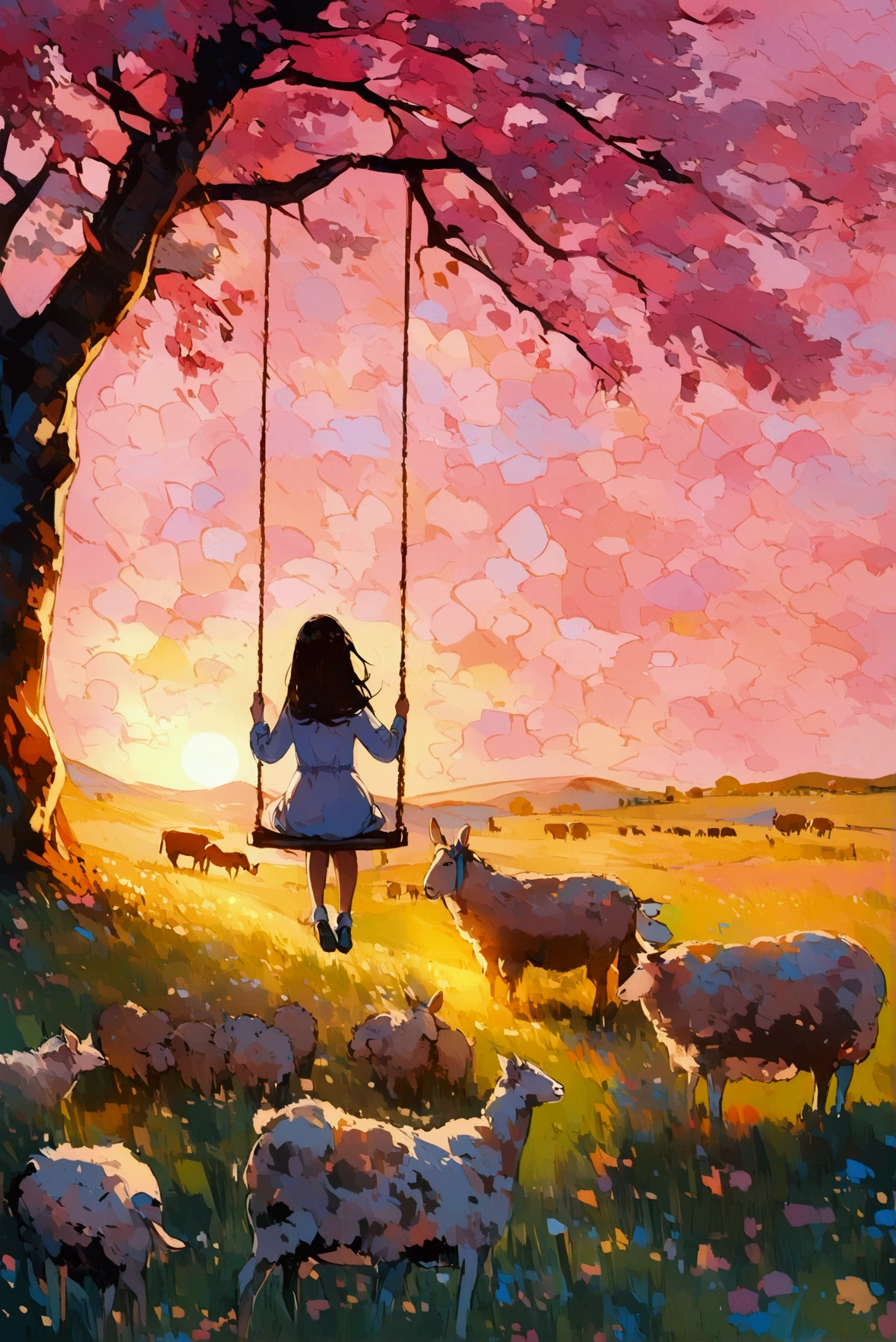  Girl riding a swing on a hill from behind、 Pasture spreads out as far as the eye can see 、Singing background 、 Sunset over a pink sky 、 Golden Hour 、 There are sheep and donkeys 、Oil painting