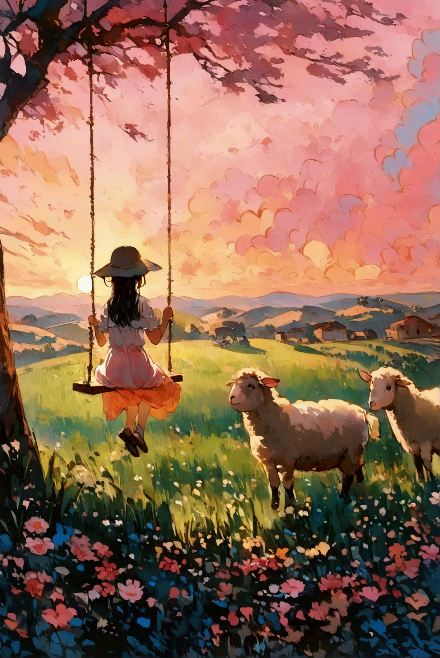  Girl riding a swing on a hill from behind、 Pasture spreads out as far as the eye can see 、Singing background 、 Sunset over a pink sky 、 Golden Hour 、 There are sheep and donkeys 、Oil painting