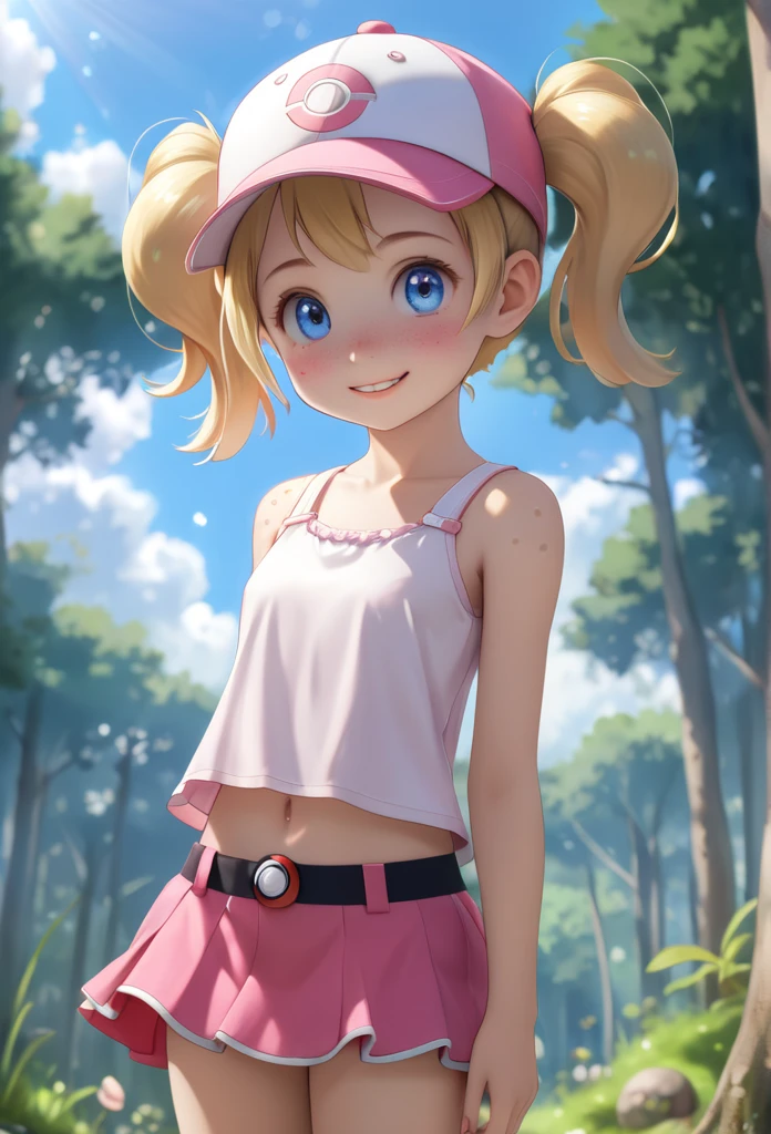 8K, best quality, (( girl)), cute, ((flat chest like a boy)), (Blonde hair worn in very short twintails), perfect hair, blue eyes, heavy freckles, (Petite body:1.2), Slender arms, small waist, slim legs, narrow hips, Heart shaped face, Gap-toothed smile, round cheeks, detailed, intricate, big eyes, beautiful lighting, natural light, shy, (((very short twintails:1.2))), (medium length hair), short stature, (no breasts), (femboy), clothed, pink, small hips, High-angle shot, looks up at viewer, (adorable face), hyper-realistic, lifelike texture, (highly detailed face:1.4), perfect eyes, realistic iris, perfect teeth, (colorful reflections in the eye), ((1 boy)), shy, cute, pokemon trainer, baseball cap, pink skirt, PokeBall, white sleeveless top, forest