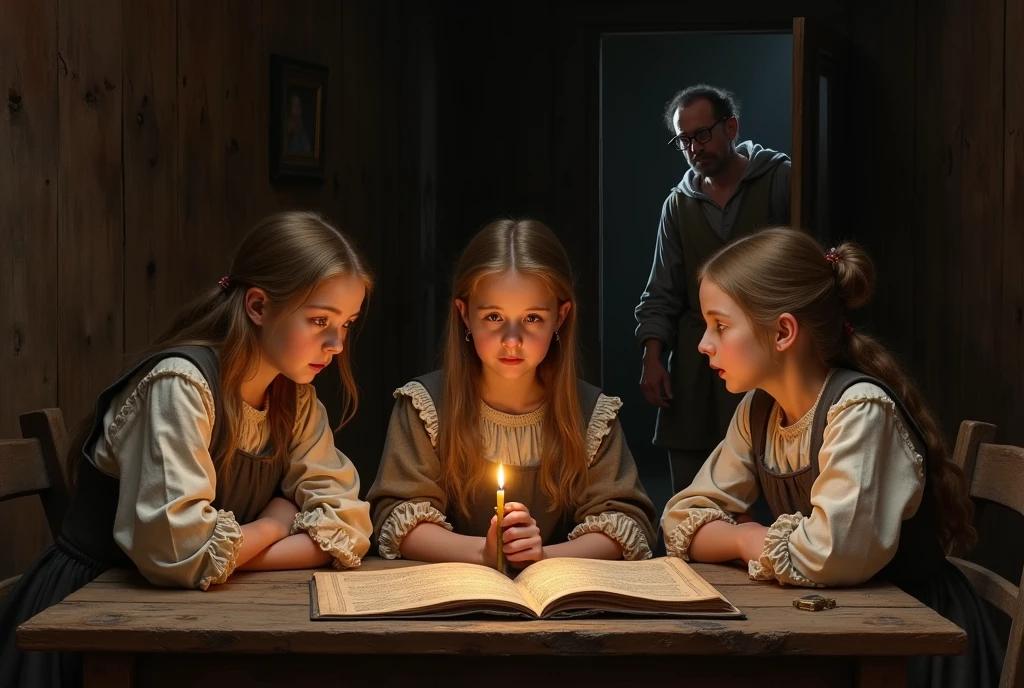(Best Quality)), ((masterpiece)), (detailed), When reading the cursed book, the group of friends, a boy and two girls, accidentally unleash a curse that begins to affect each of them..