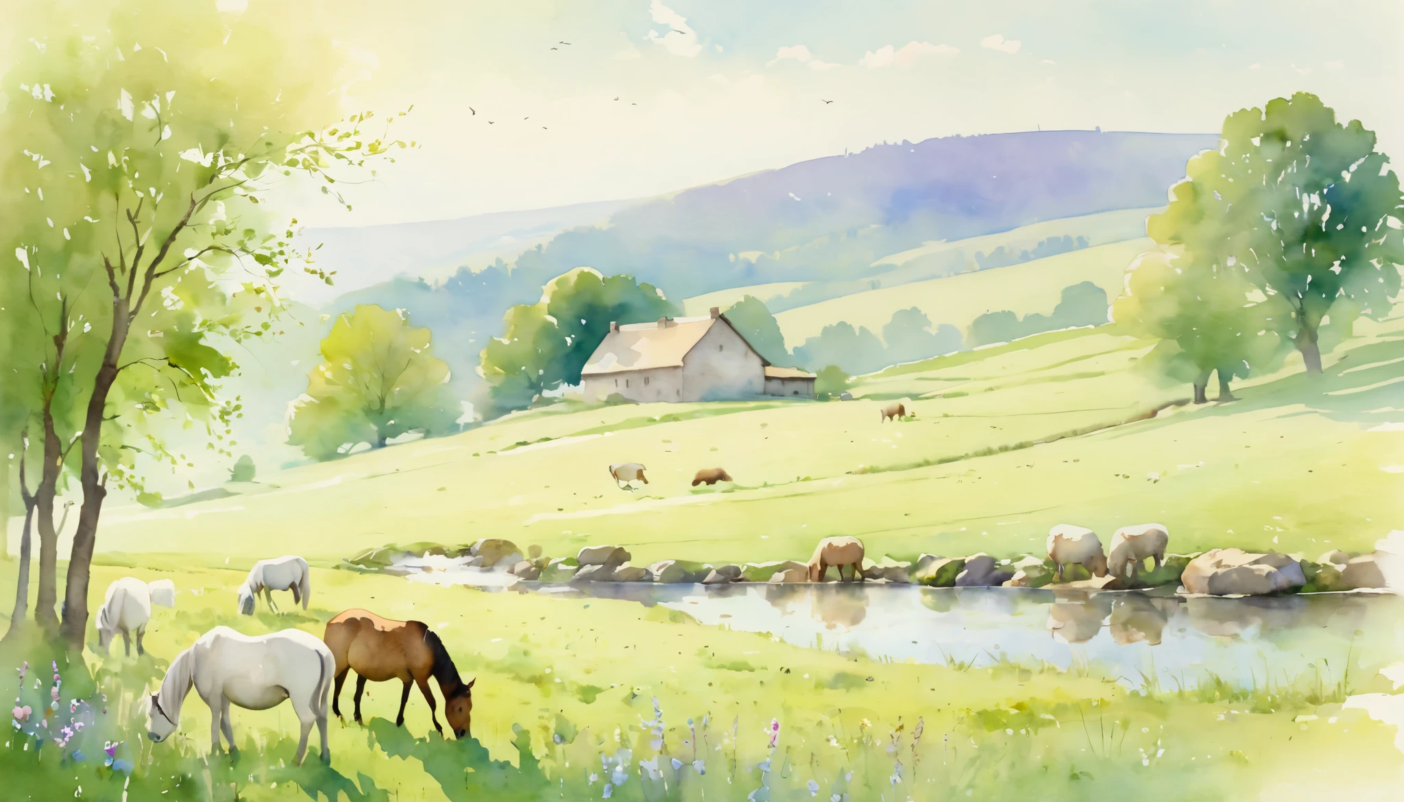 Envision a tranquil and bucolic watercolor painting that encapsulates the serene essence of a pastoral idyll. This scene should reflect a timeless rural beauty, where harmony between the landscape and its animal inhabitants is paramount. Horses wander slowly through a flowering meadow, their presence gentle yet commanding. Nearby, goats play on sunbathed rocks, their curiosity unbounded by time. Sheep graze peacefully in the background, lending a sense of stability and calm. The color palette should be soft and soothing, utilizing earthy tones and gentle pastels to enhance the tranquility of the scene. The composition should evoke a sense of nostalgia and peace, where nature and simplicity reign supreme, inviting the viewer into a world where time slows down and pastoral life is savored in all its quiet splendor.
