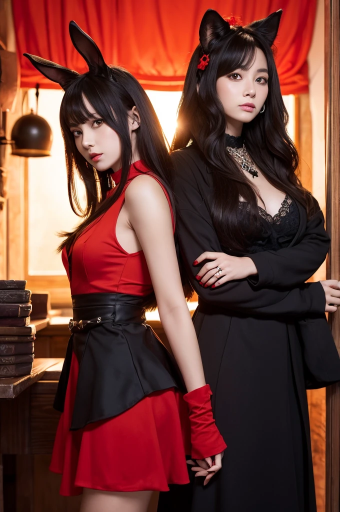 ((1-person)) One woman, 14 years old, (((black tuxedo suit with lace, ruffles and chiffon))), (((flared mini skirt))), (((red-black hair))), (((thick bangs))) , (((princess cut))), (((double tail, double drill))), (((black lace knee-high socks))), (((pocket watch, high tea, chess))), very deep depth of field, dramatic and very dark cinema lighting, round face, very large dark gray jewel-like eyes, long eyelashes, thin nose, medium lips, very expressive lips, red lipstick, eyeliner, fair skin without blemishes, slim body, (((very realistic photos) )), (((16K, high resolution))), (((UHD))), (((highest quality))), (((masterpiece))), (((super detail ))), (( (anatomically correct))).