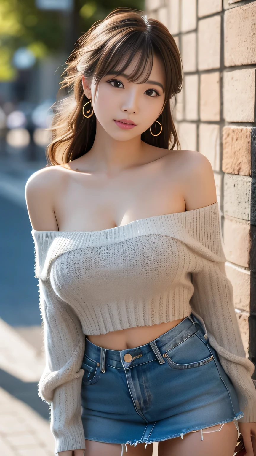 a beautiful girl, long hair, white long sleeve sweater, blue jeans, all body, 4k, big breasts