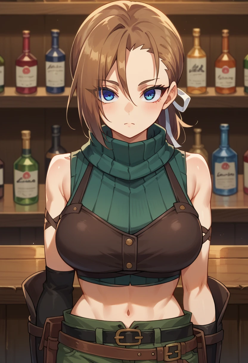 1girl, solo, RhudaRunebeck, long hair, asymmetrical bangs, brown hair, low ponytail, short ponytail, white ribbon, blue eyes, 
turtleneck, sleeveless, ribbed shirt, green shirt, crop top, breastplate, navel, elbow gloves, fingerless gloves, black gloves, arm guards, 
black belt, belt pouch, short shorts, green shorts, 
bar