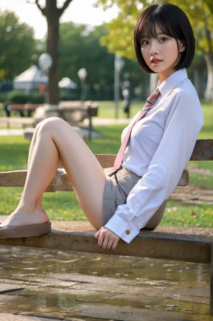 the most beautiful actress whose crotch without a vagina is realistic, her upper body is in the formal shirt but her lower body is naked, the bare thighs of this girl who is standing at the park, she is aged 17 whose short hair is above the ears, nsfw, best quality, highly detailed, masterpiece, ultra high res, photo realistic, 8k, RAW photo 