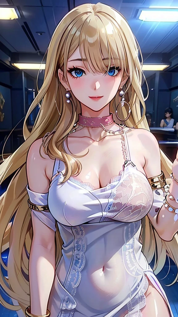 A masterpiece of the highest order, ultra high precision, ultra high image quality, 8K quality, realistic anime style, a woman, a perfect woman with the best anatomical and ergonomic face and body, a well-proportioned face and body, (((Long hair:1.3))), (((Blue colored highlights hair:1.2))), (((shiny Blonde hair:1.2))), (((long bangs:1.2))), a slim face, ((narrow deep clear Blue eyes:1.2)), (((deep glossy and shining eyes))), (((eyes with highlights))), (((very long eyelashes))), thin red lips, a tall and slender body, (very large and heavy breasts:1.4), tight waist, large hips, white skin, moist and lustrous skin, (((Sexy Pink dress))), (((slit Lace Dress:1.2))), (((large earrings))), (((Pearl necklaces:1.2))), (((bangles, rings))), (((beautiful smile))), mysterious atmosphere, great presence, ((upper body, sexy pose))
