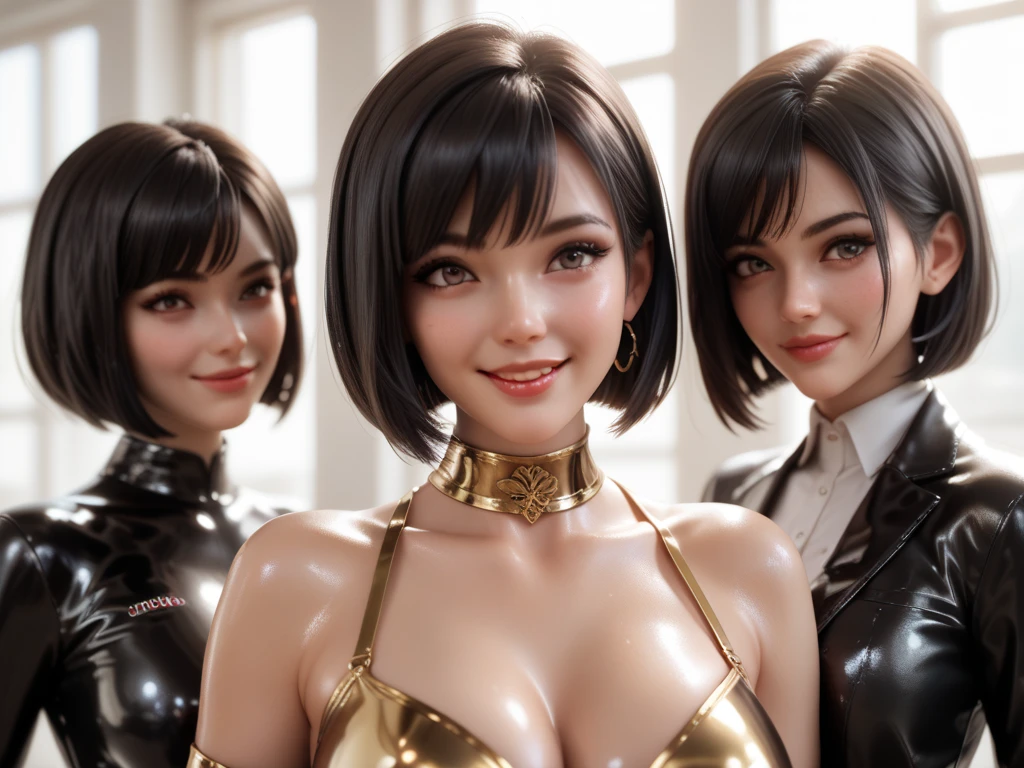 4 girls, In extremely tight shiny burgundy latex blazer, smile, Lens reflection, Reflected light, Breasts, bob cut, shiny hair,  black hair, Are there  