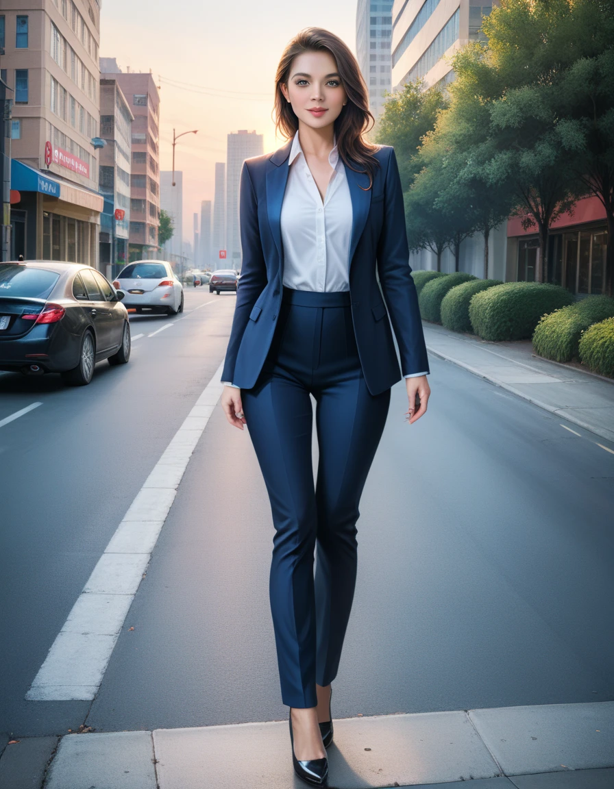 (8k,  RAW Photos,  best quality, masterpiece: 1.2), (Realistic, photoRealistic: 1.37), 1  Woman in a Suit  standing on the sidewalk, cityscape, day, Sunny Morning,  professional lighting,  photon mapping,  radio city,  Brazilian woman,  shirt,  Woman in a Suit , Silk Suit